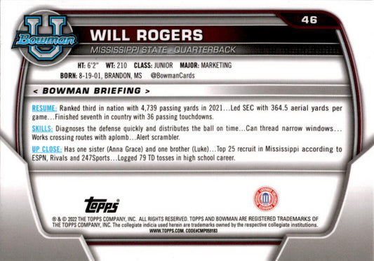 2022 Bowman Chrome University #46 Will Rogers Mississippi State Bulldogs