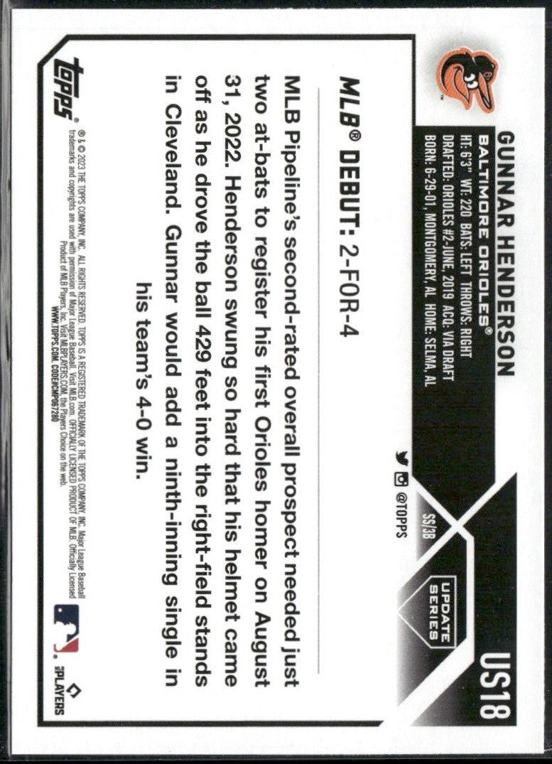 2023 Topps Update #US18 Gunnar Henderson Orioles RC Rookie Card