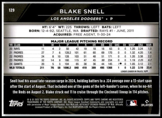2025 Topps Chrome Black #129 Blake Snell Los Angeles Dodgers