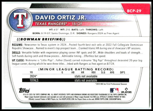2025 Bowman Aqua Shimmer Refractor #BCP-29 David Ortiz Jr. Texas
