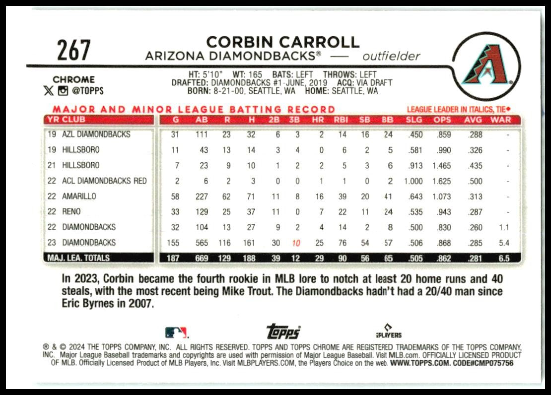 2024 Topps Chrome Lightboard Logo Refractors #267 Corbin Carroll Arizona