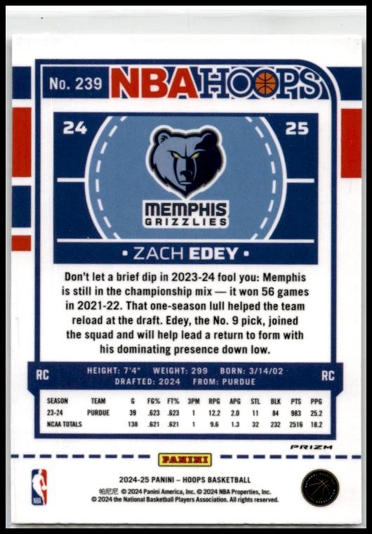 2024-25 Hoops Winter Silver Prizm #239 Zach Edey