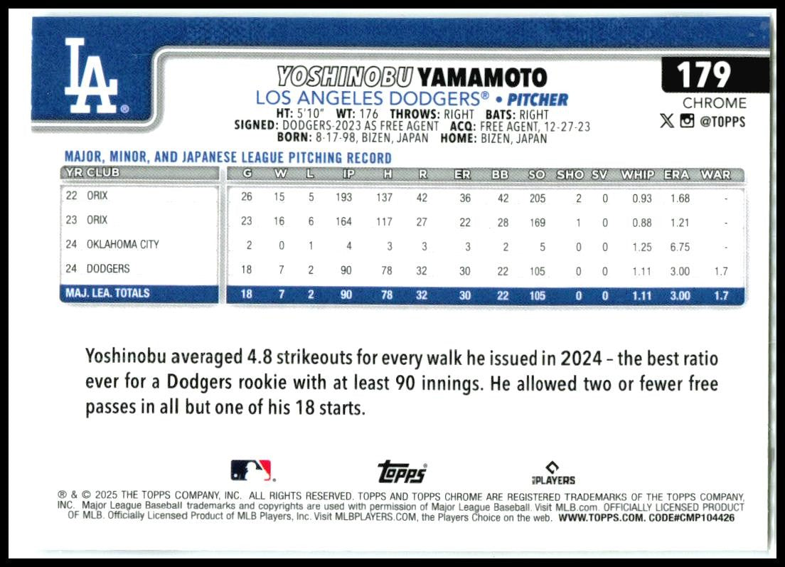 2025 Topps Holo Foil #231 Yoshinobu Yamamoto Los Angeles Dodgers