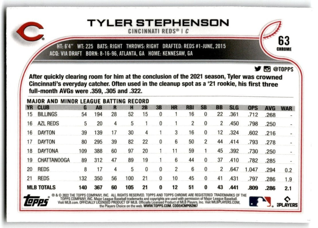 2022 Topps Chrome Tyler Stephenson Cincinnati Reds #63