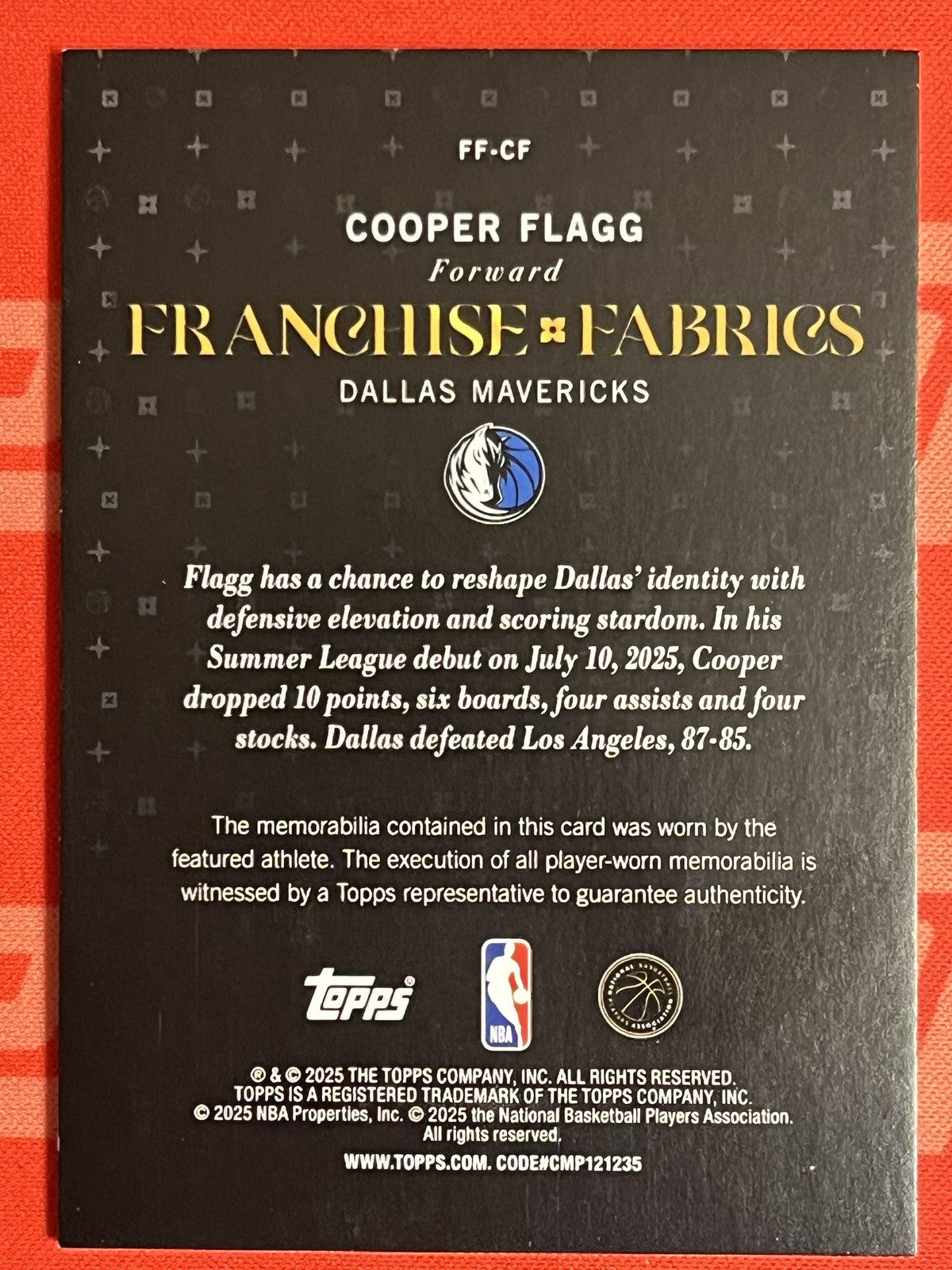 2025-26 Topps franchise fabrics #ff-cf Cooper Flagg Relic Dallas