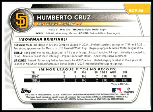 2025 Bowman Chrome Prospects #BCP-96 Humberto Cruz San Diego Padres