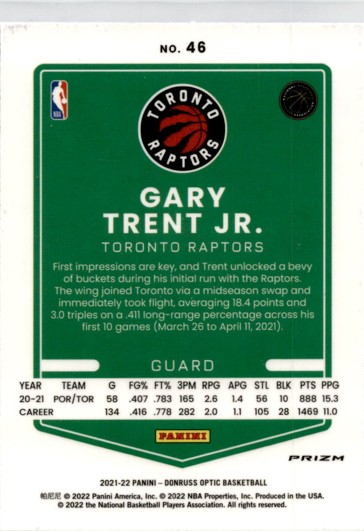 2021-22 Donruss Optic Blue Velocity #46 Gary Trent Jr. Toronto Raptors