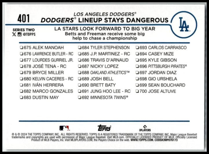 2024 Topps #401 Dodgers Lineup Stays Dangerous (Freeman / Betts) Dodgers