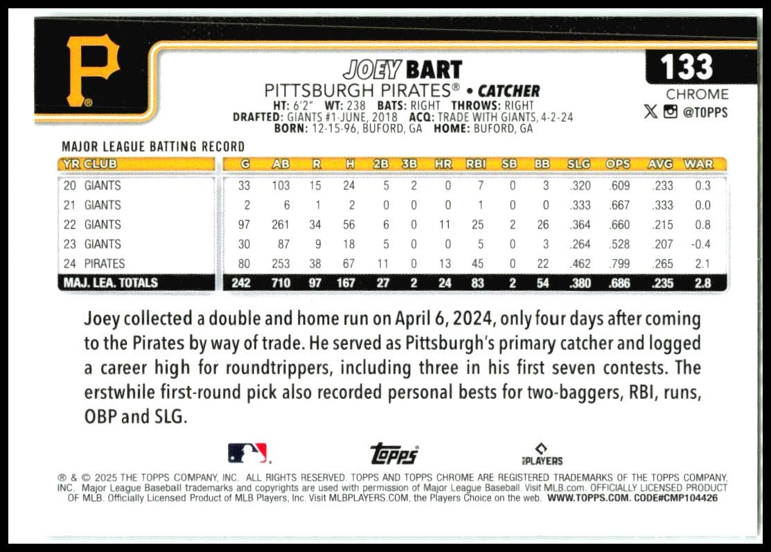 2025 Topps Chrome Prism #133 Joey Bart Pittsburgh Pirates