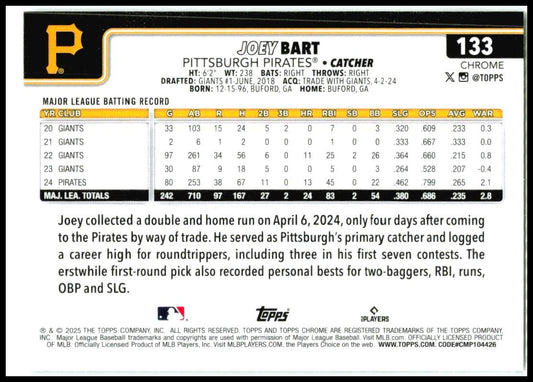 2025 Topps Chrome Prism #133 Joey Bart Pittsburgh Pirates