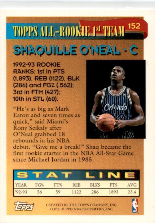 1993-94 Topps #152 Shaquille O'Neal Orlando Magic