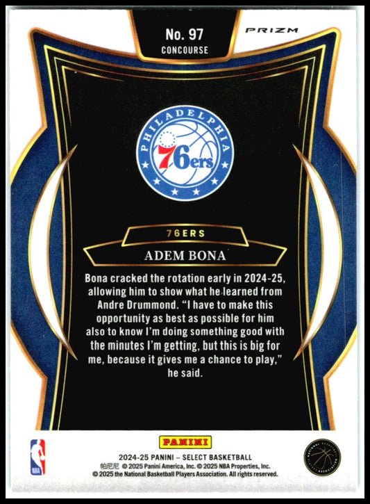 2024-25 Panini Select Blue Cracked Ice Prizm #97 Adem Bona Rookie 76ers