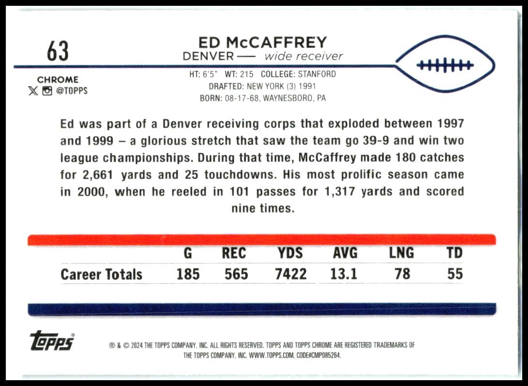 2024 Topps Chrome #63 Ed McCaffrey Denver Broncos