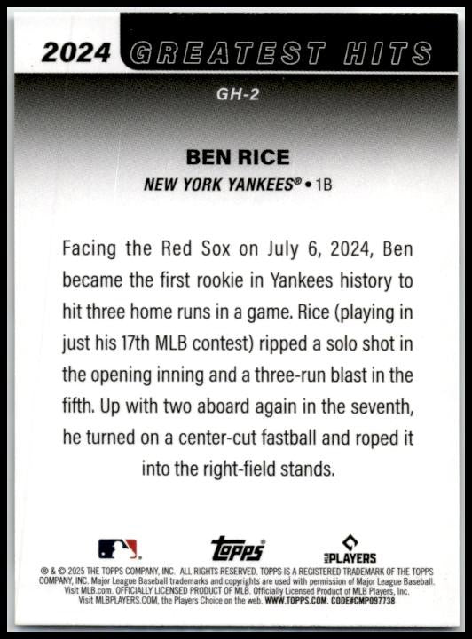 2025 Topps 2024 Greatest Hits #GH-2 Ben Rice New York Yankees