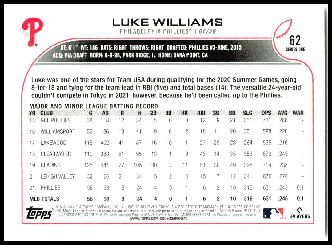 2022 Topps #62 Luke Williams Philadelphia Phillies