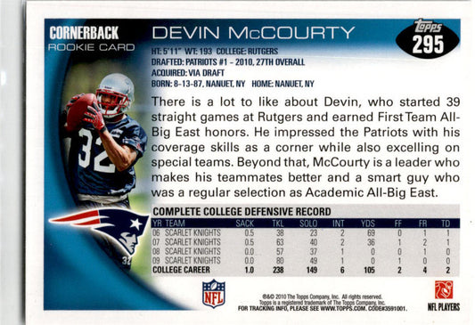2010 Topps #295 Devin McCourty Rookie New England Patriots