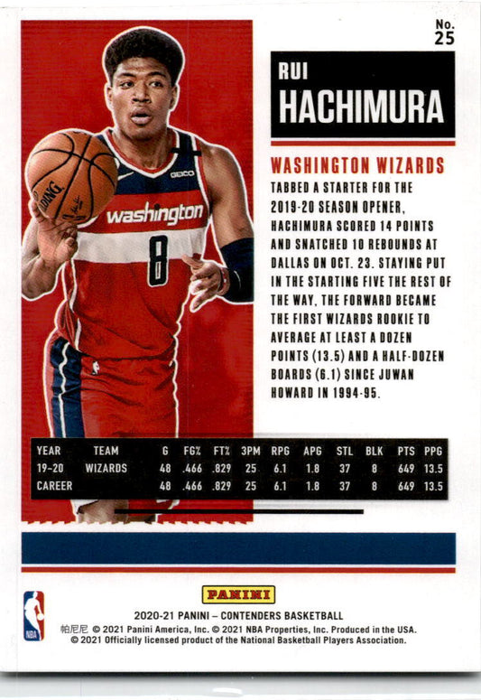 2020 Panini Contenders Semifinal #25 Rui Hachimura 09/99 Washington Wizards