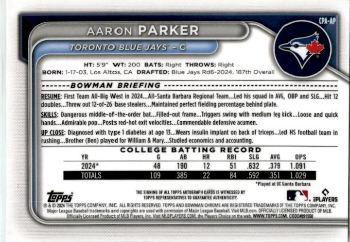 2024 Bowman Draft Chrome Aqua Lava #CPA-AP Aaron Parker Auto /199
