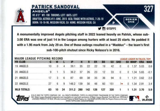 2023 Topps #327 Patrick Sandoval Los Angeles Angels