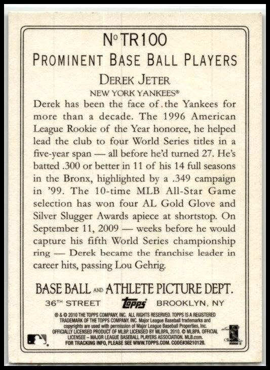 2010 Topps Turkey Red #TR100 Derek Jeter New York Yankees