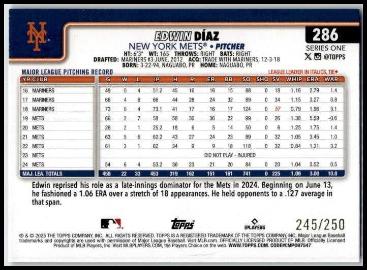 2025 Topps Pink Sand Glitter #286 Edwin Díaz New York Mets