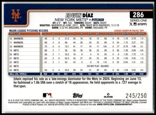 2025 Topps Pink Sand Glitter #286 Edwin Díaz New York Mets