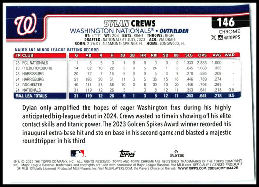 2025 Topps Chrome #146 Dylan Crews Rookie Washington Nationals