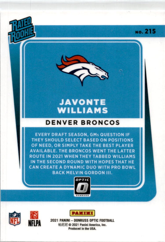 2021 Donruss Optic #215 Javonte Williams Rookie Denver Broncos