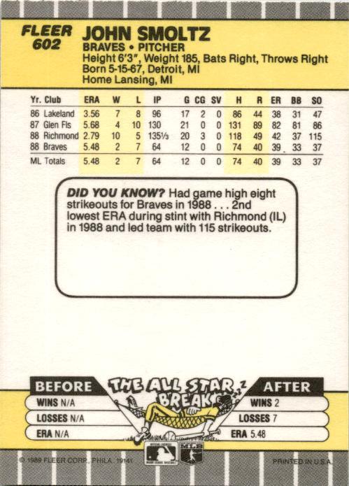 1989 Fleer #602 John Smoltz Rookie Atlanta Braves