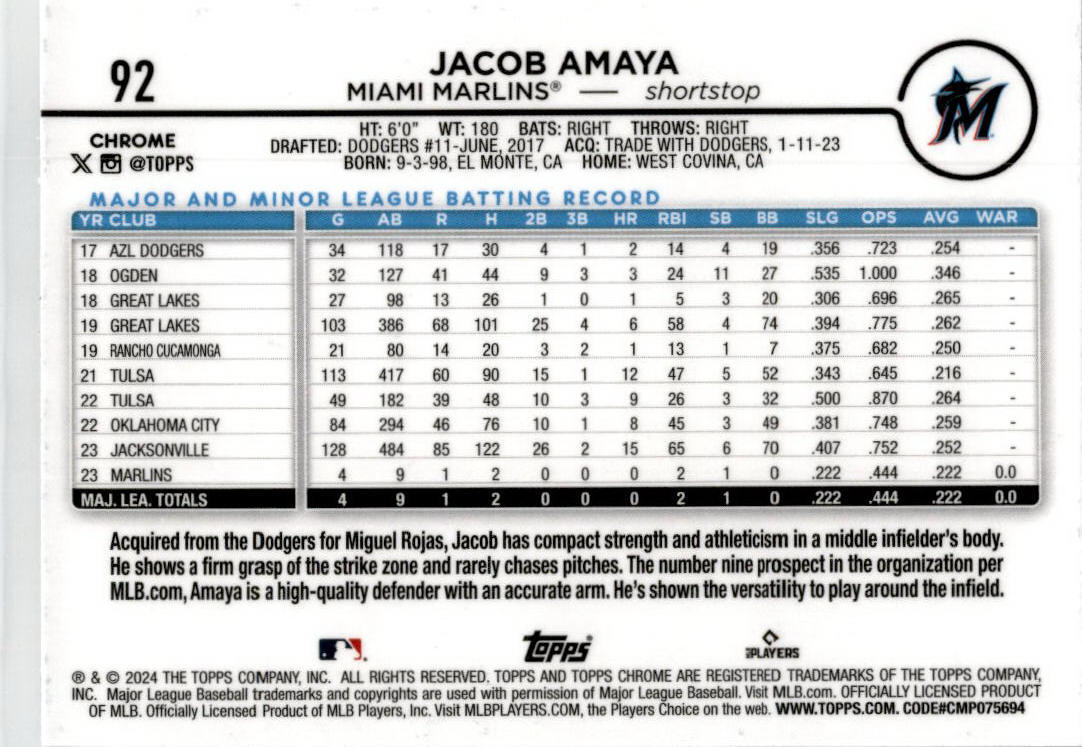 2024 Topps Chrome Sepia Refractors #92 Jacob Amaya Rookie Miami Marlins