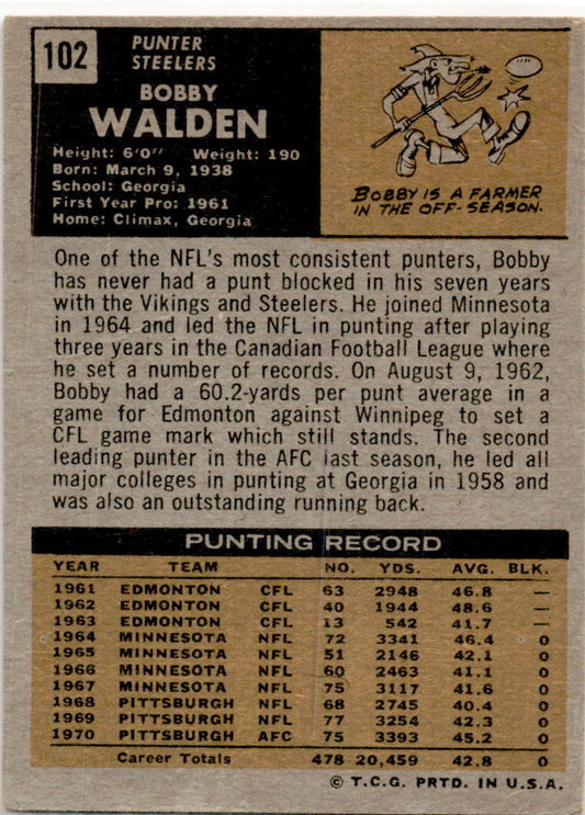 1971 Topps #102 Bobby Walden Pittsburgh Steelers