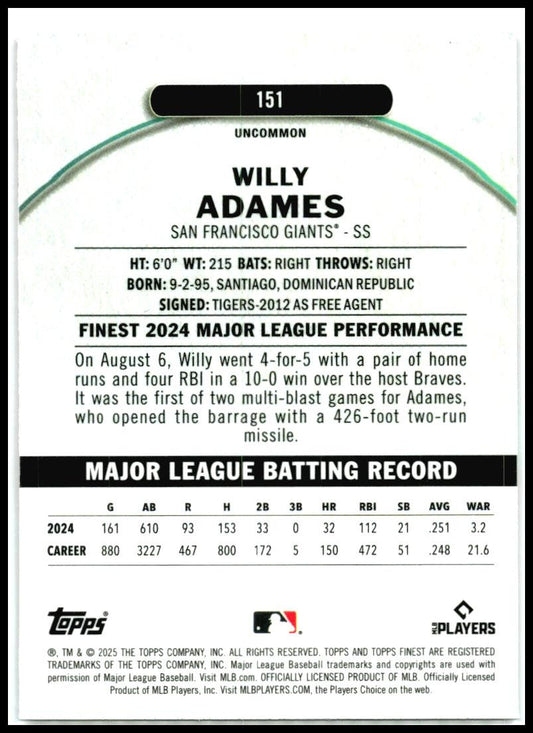 2025 Topps Finest Magenta Refractor /300 #151 Willy Adames Giants