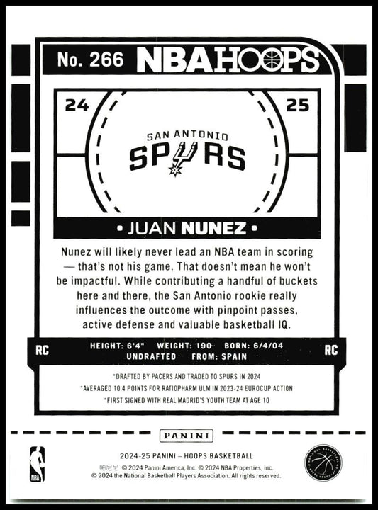 2024-25 Hoops Winter #266 Juan Núñez Rookie San Antonio Spurs