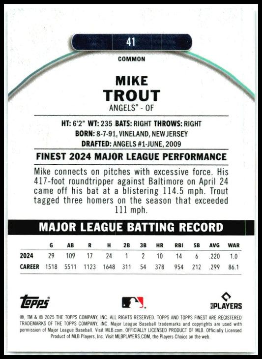 2025 Finest Checkerboard #41 Mike Trout Los Angeles Angels