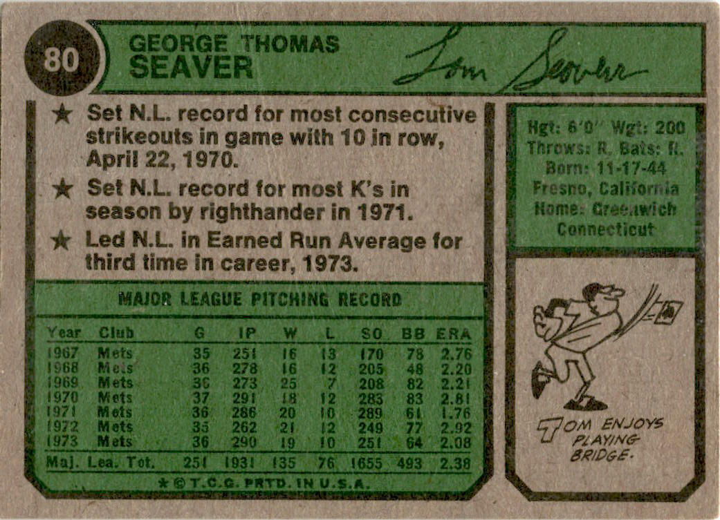 1974 Topps #80 Tom Seaver New York Mets