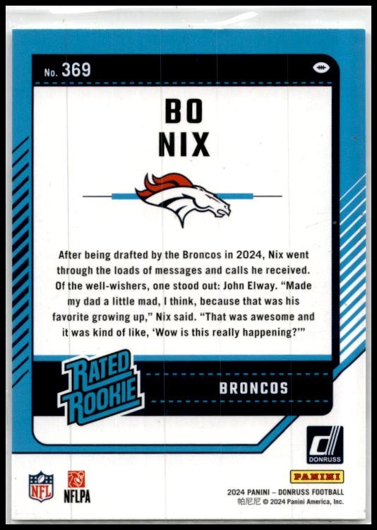 2024 Donruss #369 Bo Nix Rookie Denver Broncos