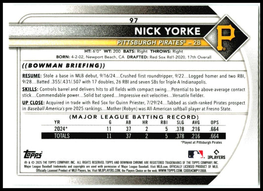 2025 Bowman Bowman Chrome Red Rookie Logo #97 Nick Yorke Rookie Pirates