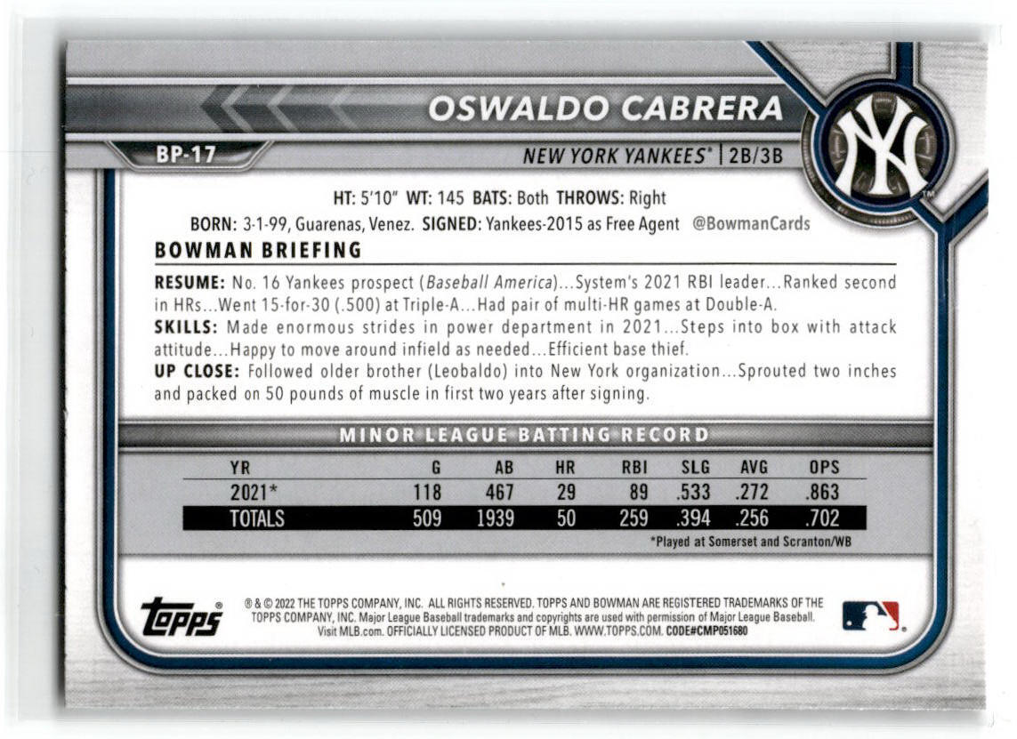 2022 Bowman #BP-17 Oswaldo Cabrera New York Yankees