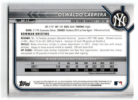 2022 Bowman #BP-17 Oswaldo Cabrera New York Yankees