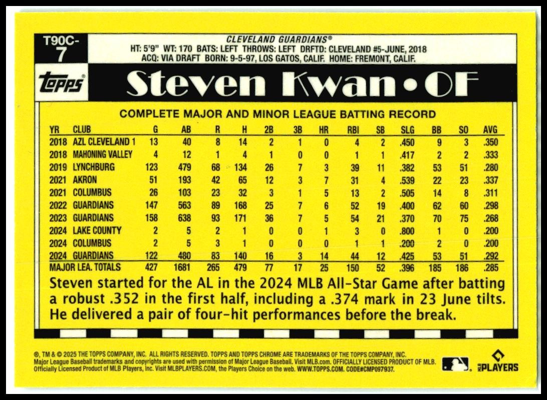 2025 Topps 1990 Topps 35th Anniversary Chrome Mojo #T90C-7 Steven Kwan Cleveland