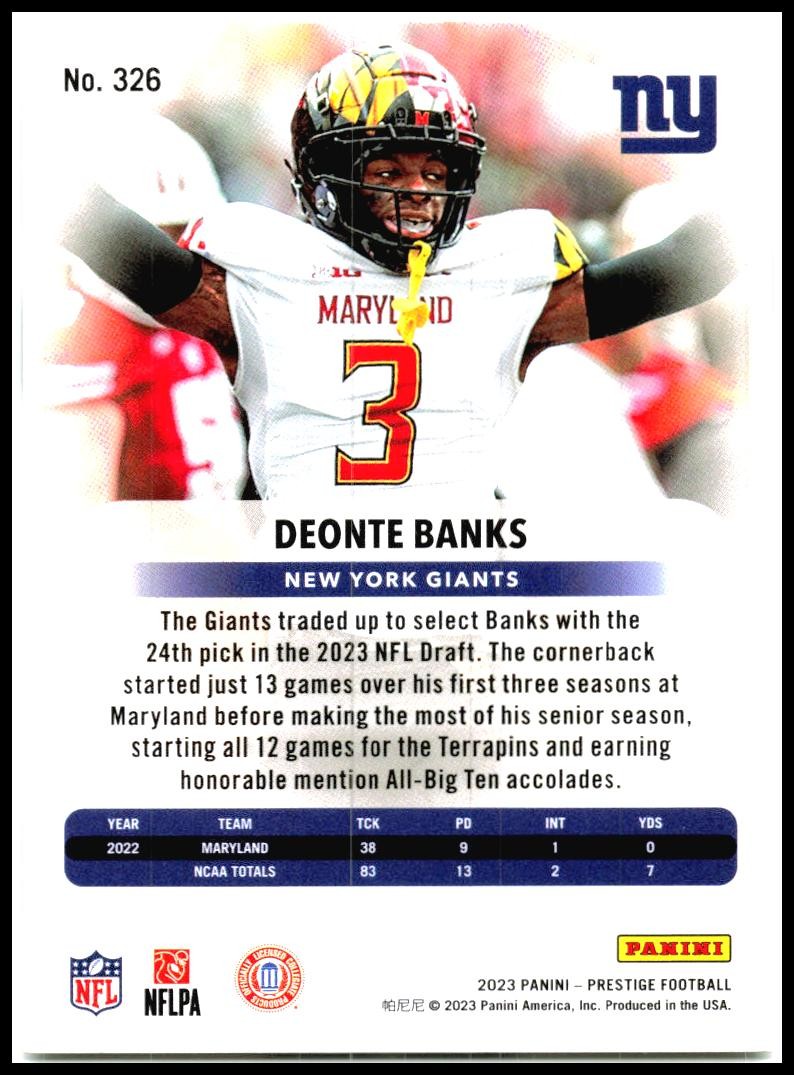 2023 Panini Prestige #326 Deonte Banks Rookie New York Giants
