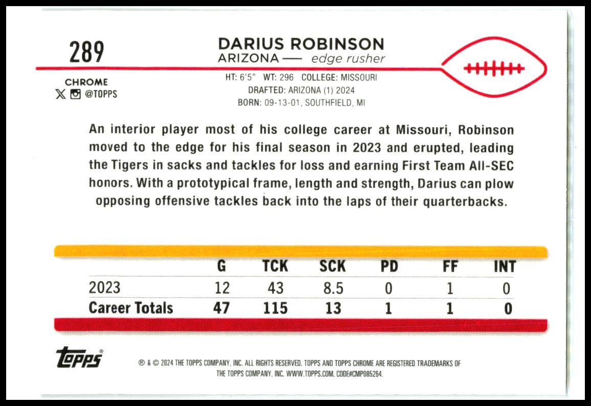 2024 Topps Chrome X-Fractor #289 Darius Robinson Rookie Arizona Cardinals
