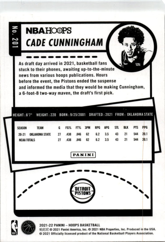 2021-22 Hoops #201 Cade Cunningham Rookie Detroit Pistons