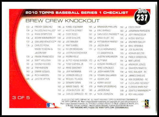 2010 Topps #237 Ryan Braun / Prince Fielder Milwaukee Brewers