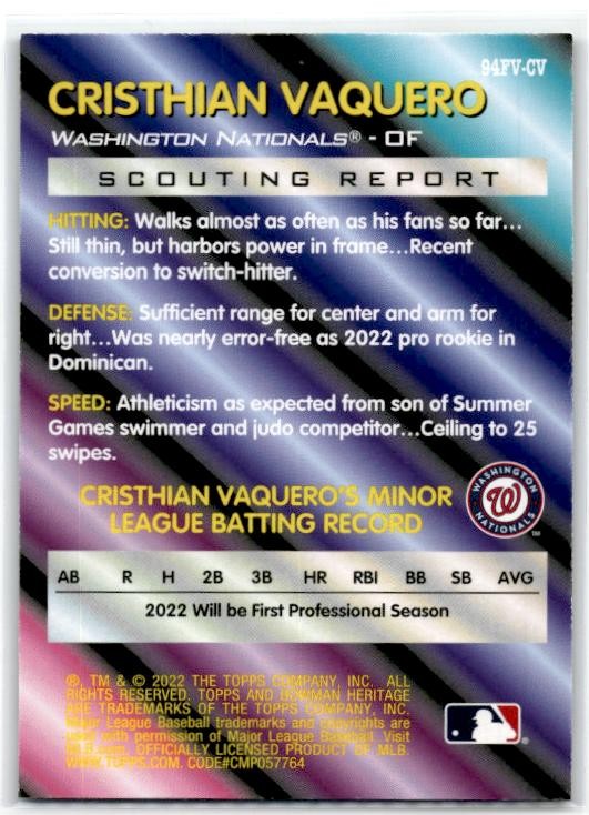 2022 Bowman Heritage Base Foil Variations #94FV-CV Cristhian Vaquero Nationals