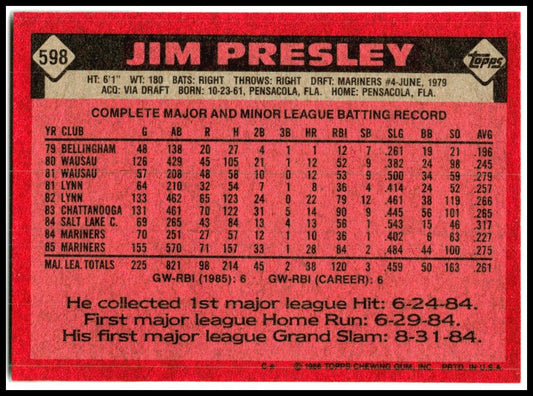 1986 Topps #598 Jim Presley Seattle Mariners