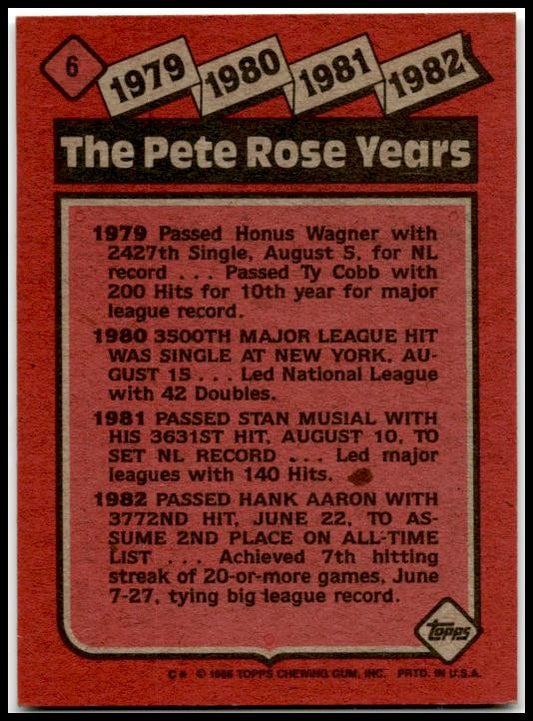 1986 Topps #6 The Pete Rose Years: 1979-1982