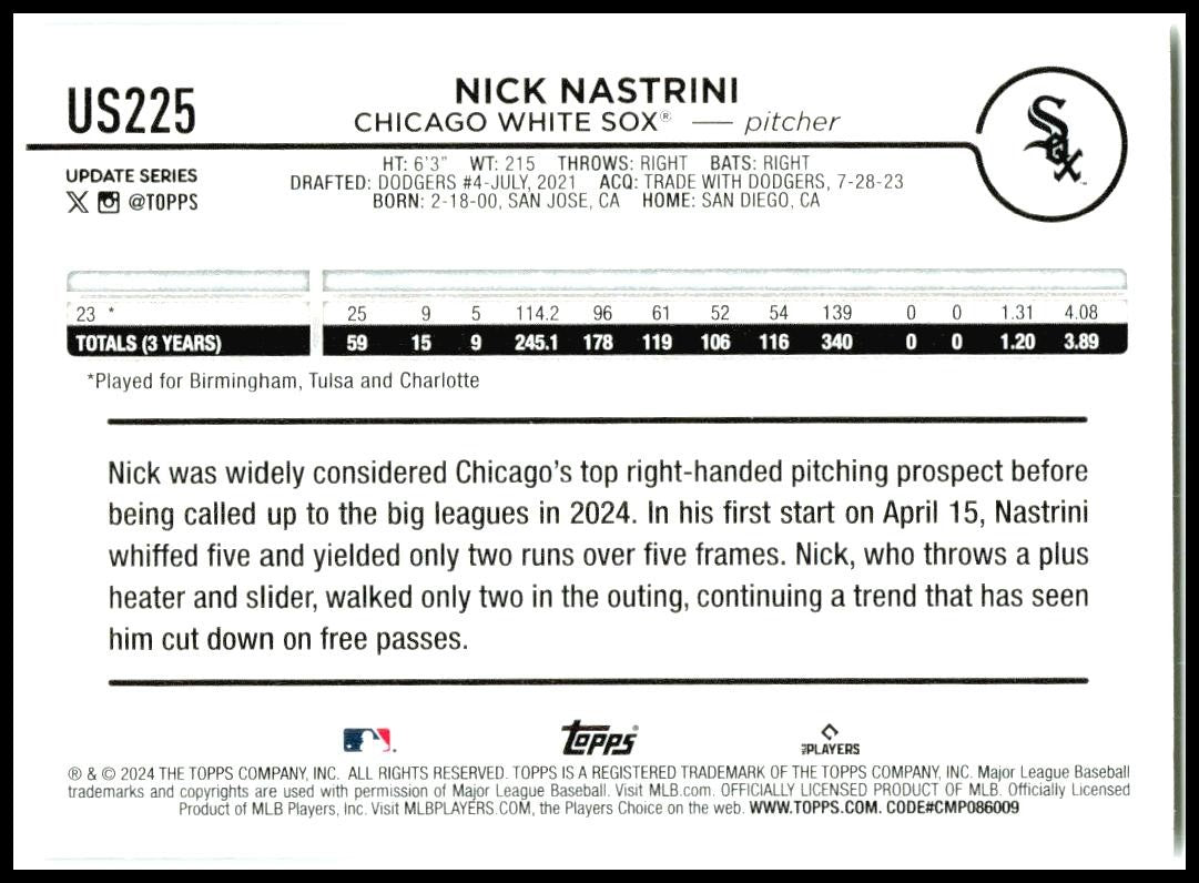 2024 Topps Update #US225 Nick Nastrini Rookie Chicago White Sox
