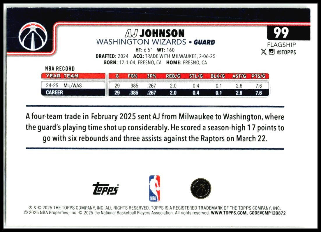 2025-26 Topps Wood /25 #99 AJ Johnson Washington Wizards