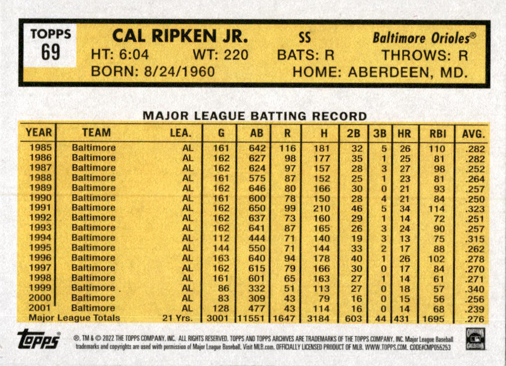 2021 Topps Archives #69 Cal Ripken Jr. 1963 Topps Design Baltimore Orioles
